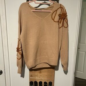 SHEIN Tan V-Neck Sweater with Brown Accents